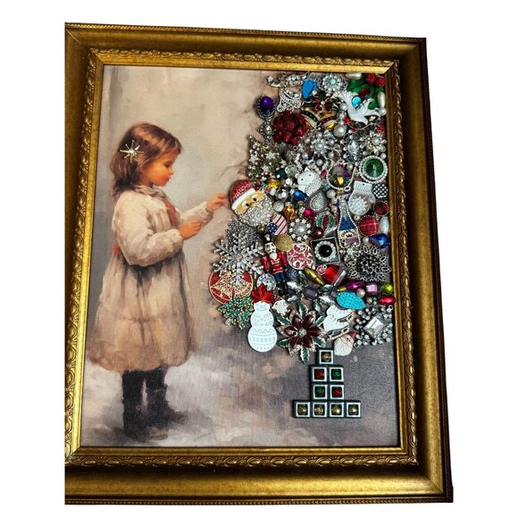 Girl Decorating Christmas Tree Vintage Jewelry Art Framed Picture by Betty - Picture 1 of 9